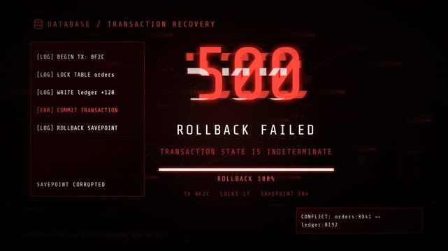 Futuristic digital interface displaying a critical 500 database rollback failure and system error message.