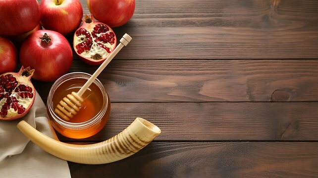 Rosh hashanah celebration with apples pomegranates honey and shofar on wooden background
