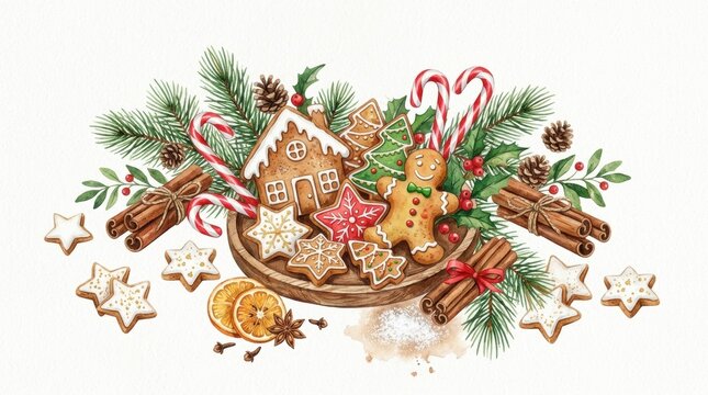 Festive Christmas Cookies and Holiday Decorations with Pine Branches and Candy Canes