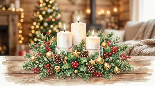 Festive Advent Candle Display with Christmas Greenery and Holiday Decor