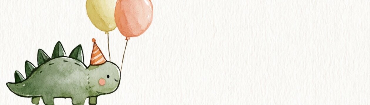 Cute watercolor illustration of a small dinosaur wearing a party hat and holding two balloons, hand drawn kid friendly background