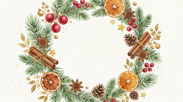 Festive Christmas Wreath with Pine Cones Cinnamon Sticks Dried Fruit and Gold Accents