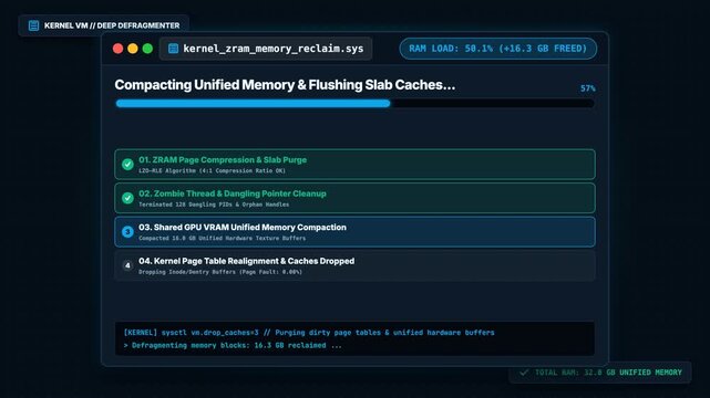 Animated user interface showing a system memory optimization and defragmentation process with progress bar.
