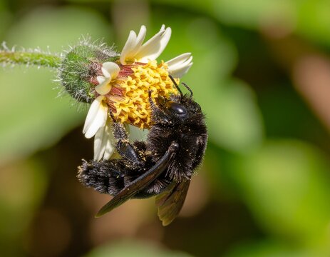 Carpenter Bee Collecting Pollen from Flower in Backyard Garden