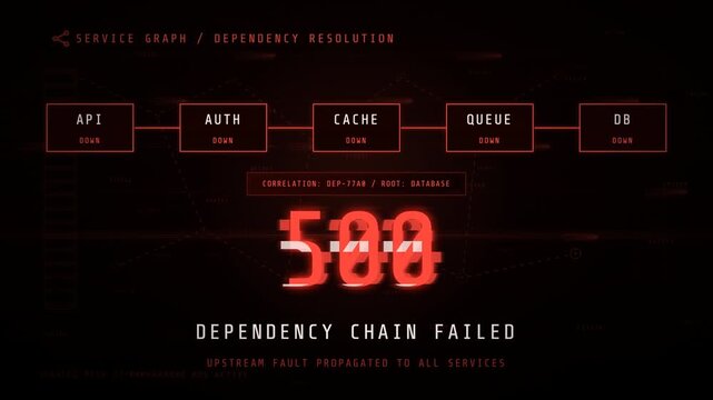 Digital dashboard showing a 500 server error and dependency chain failure with glitching red text.