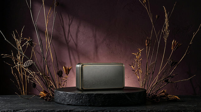 Minimalist silver rectangular product podium on textured dark stone surface with dry foliage background stone pedestal product photography abstract background