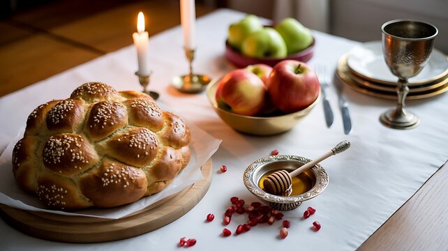Traditional jewish challah bread with apples honey and candles for rosh hashana celebration
