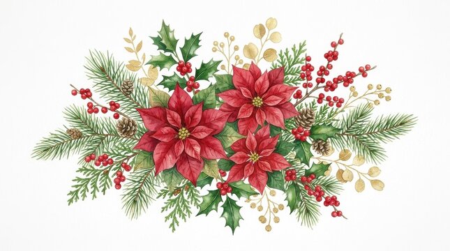 Festive Holiday Poinsettia Floral Arrangement with Pine, Holly, and Red Berries