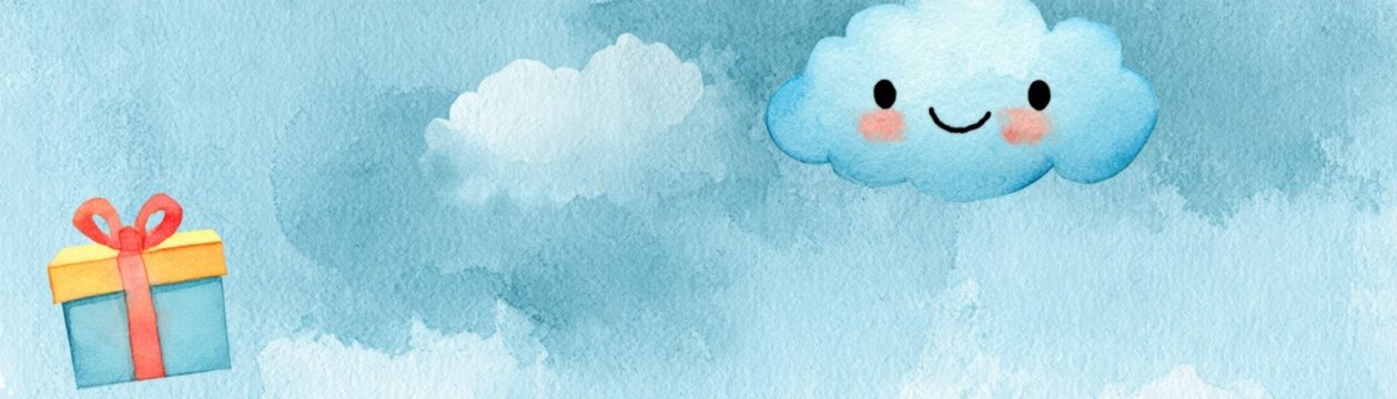 A cute, smiling blue cloud with rosy cheeks floats among fluffy clouds beside a colorful gift box wrapped with a red bow against a soft blue sky, hand drawn kid friendly background