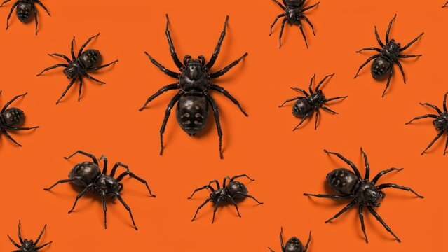 Halloween spider pattern on orange background. Creepy black spiders top view. Spooky arachnid texture for holiday party decor.