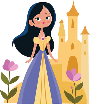 Fairytale Princess with Castle and Flowers Vector Illustration