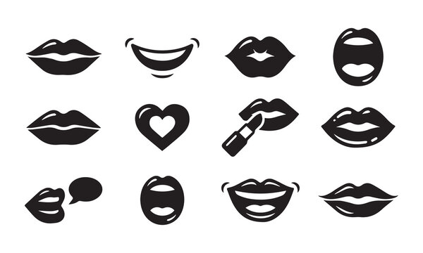 Bold black silhouette lips and mouth expressions icons on a clean white background.