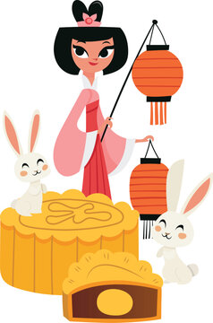 Mid-Autumn Festival Woman with Mooncakes, Lanterns, and Jade Rabbits Vector Illustration