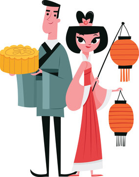 Chinese Couple Celebrating Mid-Autumn Festival with Mooncake and Lanterns Vector Illustration