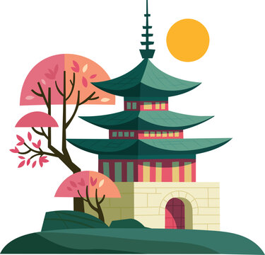 Traditional Asian Pagoda with Cherry Blossoms and Full Moon Vector Illustration