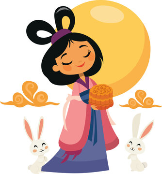 Chang'e Moon Goddess with Mooncake and Jade Rabbits Vector Illustration