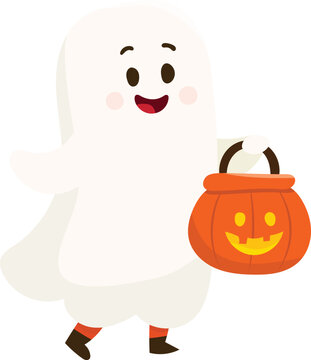 Cute Ghost Trick or Treating with Pumpkin Bucket Vector Illustration