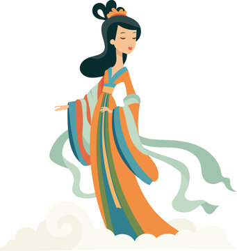 Traditional Chinese Goddess on Clouds Vector Illustration