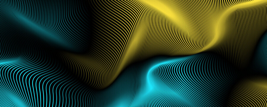 3D blue yellow lines abstract background in dark space with waves effect decoration. Modern graphic design element glowing stripes style concept for web, art, poster, flyer, card or brochure cover