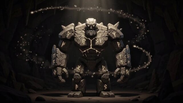 Mighty Stone Golem with Glowing Runes Awakens in Dark Cave. Ancient Rock Monster imbued with mystical power, fantasy creature in a cavern setting.