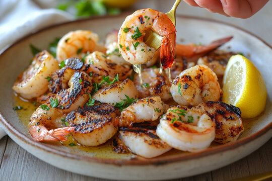 Grilled seafood tapas with shrimp, calamari and scallops. Mediterranean restaurant presentation in bright editorial food photography