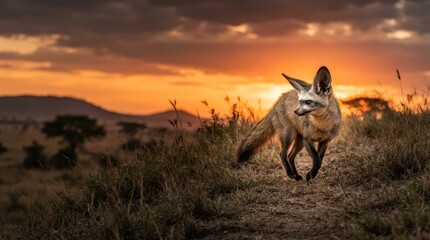 Fototapeta premium Bat-eared Fox at Sunset: A solitary bat-eared fox with its characteristic large ears walks through dry grass during a vibrant sunset. The warm, golden light illuminates the African savanna landscape.