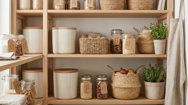zero-waste pantry storage Wooden pantry shelves with neatly organized jars, baskets, and containers.