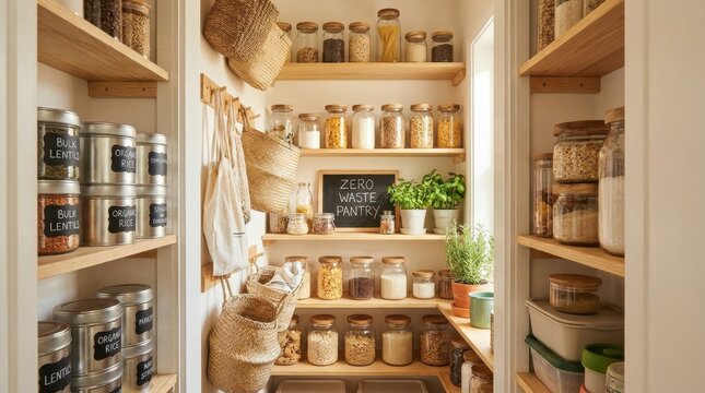 zero-waste pantry storage Organized pantry with labeled jars and reusable bags promoting zero waste.