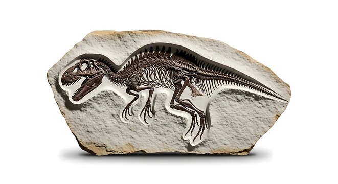 Dinosaur fossil embedded in rock slab isolated on white background