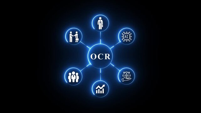 Ocr optical character recognition concept graphic with glowing icons an illustrated diagram showing at the center of a circular network featuring business and technology symbols