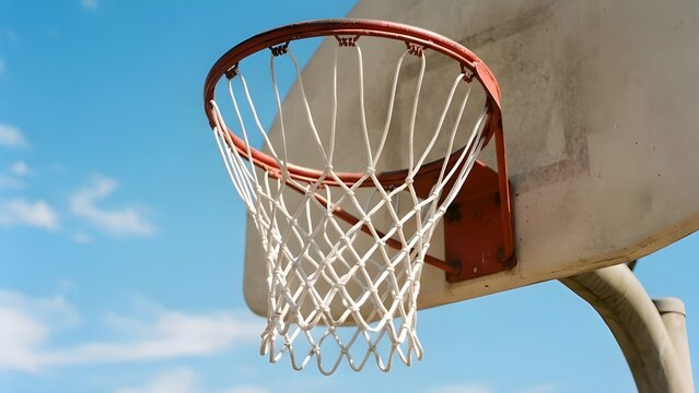 푸른 하늘을 배경으로 한 농구 골대와 하얀 그물망
Basketball hoop and white net against blue sky background
