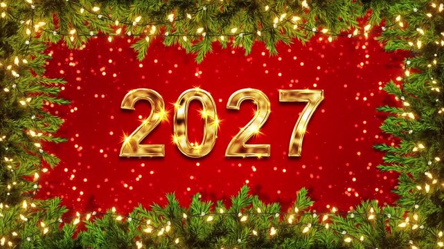 Polished 2027 new year glow border string lights, golden flares, bokeh. seasonal promotions, Christmas events, winter celebrations, corporate greetings, holiday broadcasts, elegant invitations