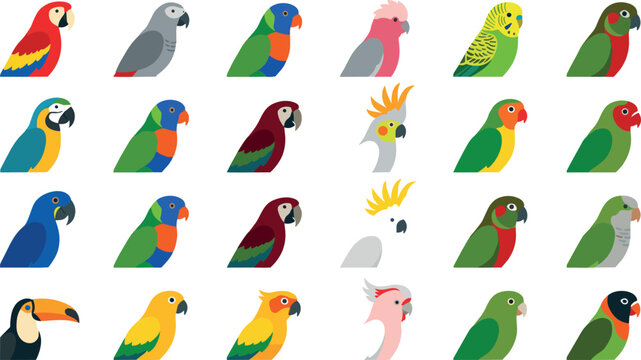 Colorful parrot and tropical bird vector icon set featuring macaw, cockatoo, toucan, parakeet, and lovebird profiles for wildlife designs.