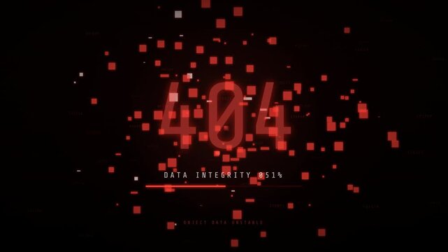 Digital glitch animation showing a 404 error message with red pixel fragmentation on a dark background.