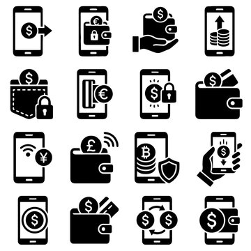 Digital wallet and mobile payment icon set for financial technology and banking apps.