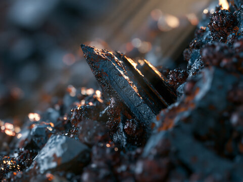 Sharp dark mineral crystal rising among rough ore rocks and glowing embers. Natural geology texture close up. Mining industry, raw minerals and natural resources extraction concept.