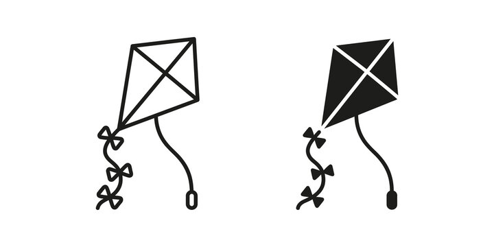 Flying toy kite outline and solid shape vectors for play leisure.