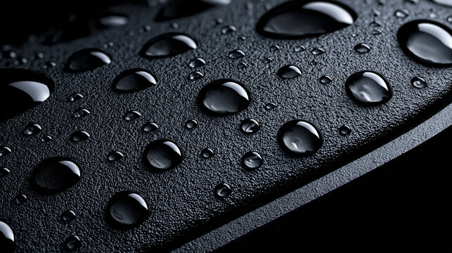 Water drops on black waterproof surface closeup. Water repellent texture with droplets on dark rubber material. Hydrophobic protection and liquid resistance concept for technology and design