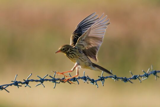 Meadow pipit land on fence