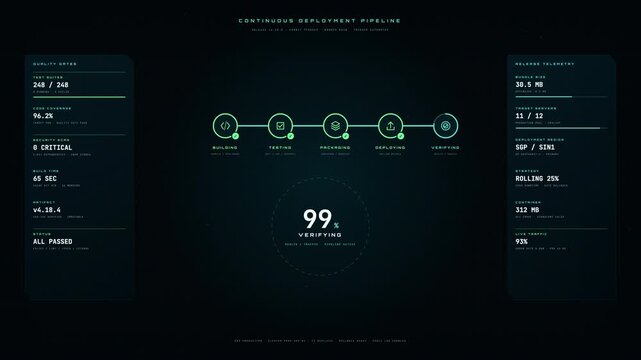 Animated dashboard showing a continuous deployment pipeline process from building to successful verification.