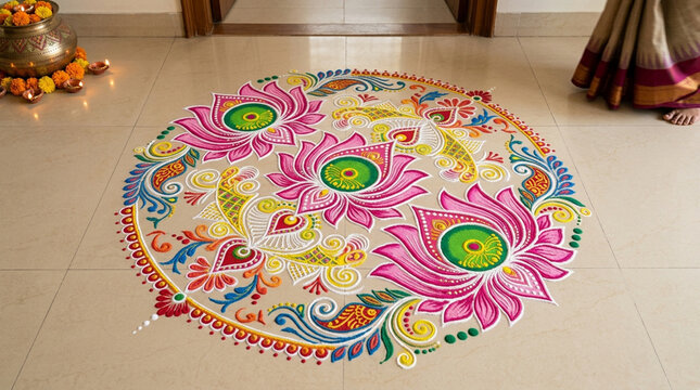 Circular lotus rangoli pattern drawn on tile floor for celebration