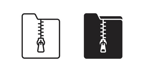 Folders with zip fastener icons in black outline and solid fill designs. © SAJID