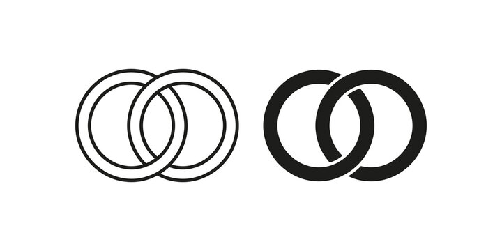 Interlocking wedding rings line and solid icons for marriage symbol.