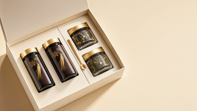 Luxury Korean Chuseok gift box featuring premium ginseng bottles and traditional herbal tea jars in elegant holiday packaging with copy space.