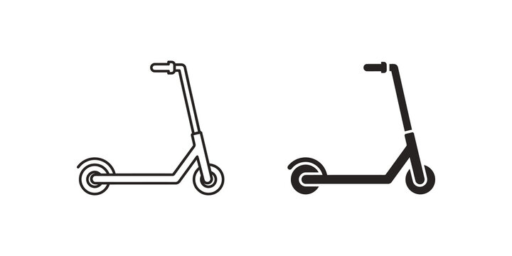 Kick scooter linear outline and filled black silhouette transport icon.
