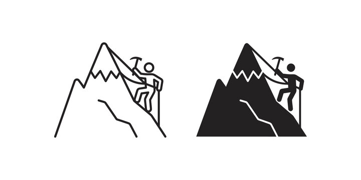 Mountain climber line and solid icons for outdoor adventure graphics.