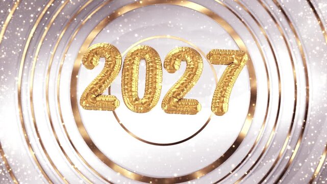 Bright 2027 foil glow golden circles, glitter illumination. holiday advertising, greetings, countdown intros, digital signage, celebration backgrounds. festive openers, invitations, broadcast graphics