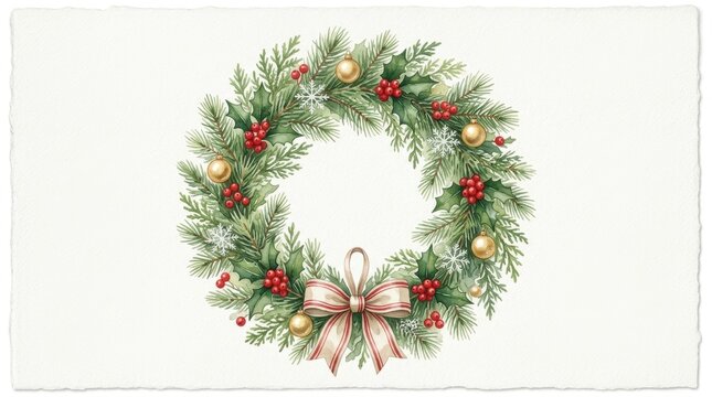 Festive Christmas Wreath with Gold and Red Decorations and Ribbon Bow