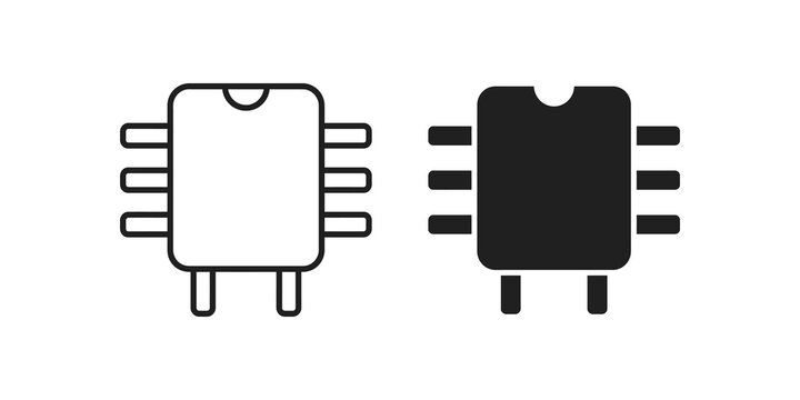 Integrated circuit chip outline and solid icon for electronics technology.