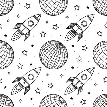Space rockets and planets repeating vintage pattern illustration